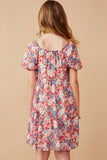 Girls Floral Puff Sleeve Bow Front Dress