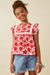 Girls Embroidery Textured Floral Lace Inset Top