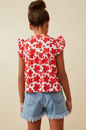 Girls Embroidery Textured Floral Lace Inset Top