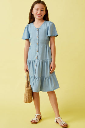 Girls Button Front Side Smocked Denim Tencel Dress