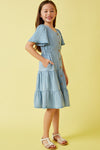 Girls Button Front Side Smocked Denim Tencel Dress