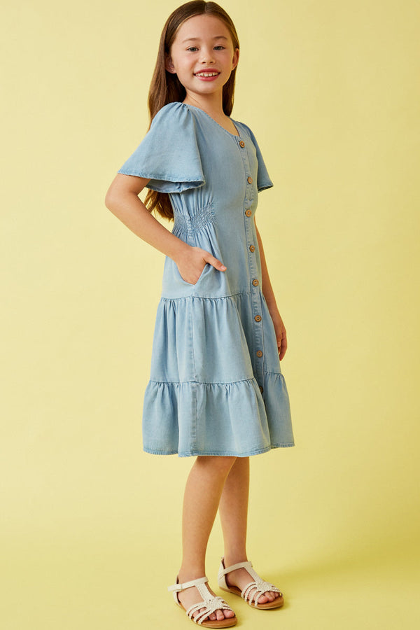 Girls Button Front Side Smocked Denim Tencel Dress