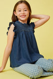 Girls Ruffle Detailed Smocked Denim Tencel Tank