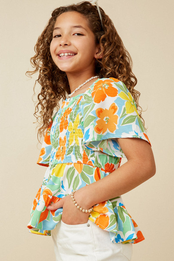 Girls Resort Floral Smocked Peplum Top