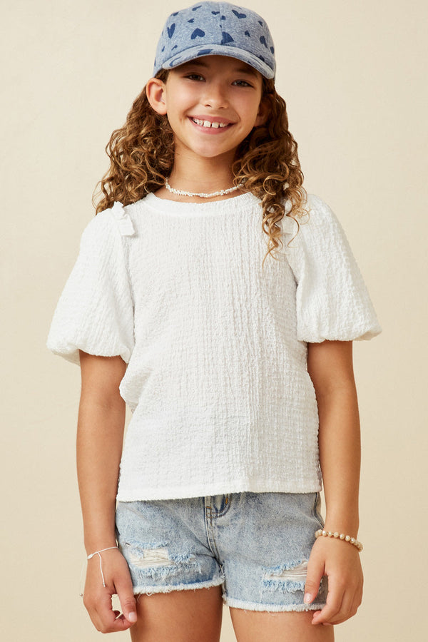 Girls Crinkled Puff Sleeve Knit Top