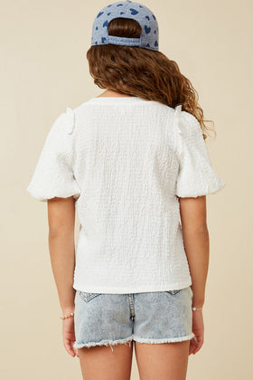 Girls Crinkled Puff Sleeve Knit Top