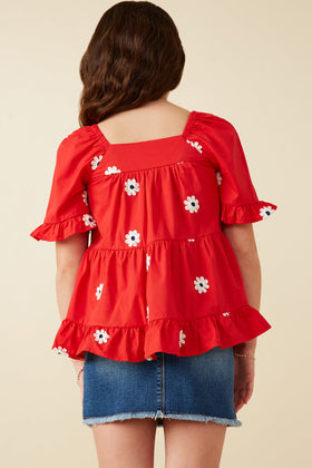 Girls All Over Daisy Embroidered Square Neck Top