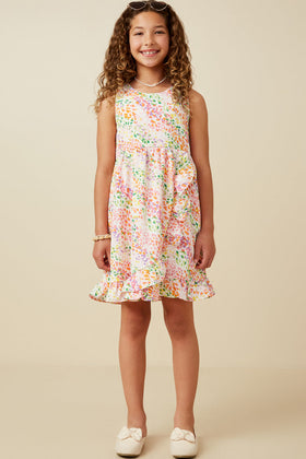 Girls Abstract Multi Color Dot Ruffled Tank Dress