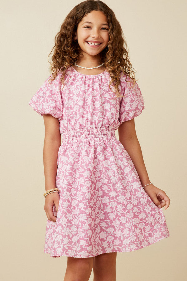 Girls Textured Floral Side Puff Sleeve Dress