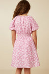 Girls Textured Floral Side Puff Sleeve Dress