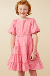 Girls Bow Back Puff Sleeve Poplin Dress