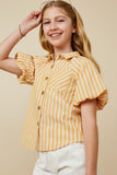 Girls Striped Puff Sleeve Button Up Poplin Shirt