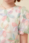Girls Sequined Floral Applique Bubble Sleeve Top