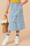 Girls Button Fly Tiered Denim Maxi Skirt