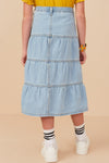 Girls Button Fly Tiered Denim Maxi Skirt