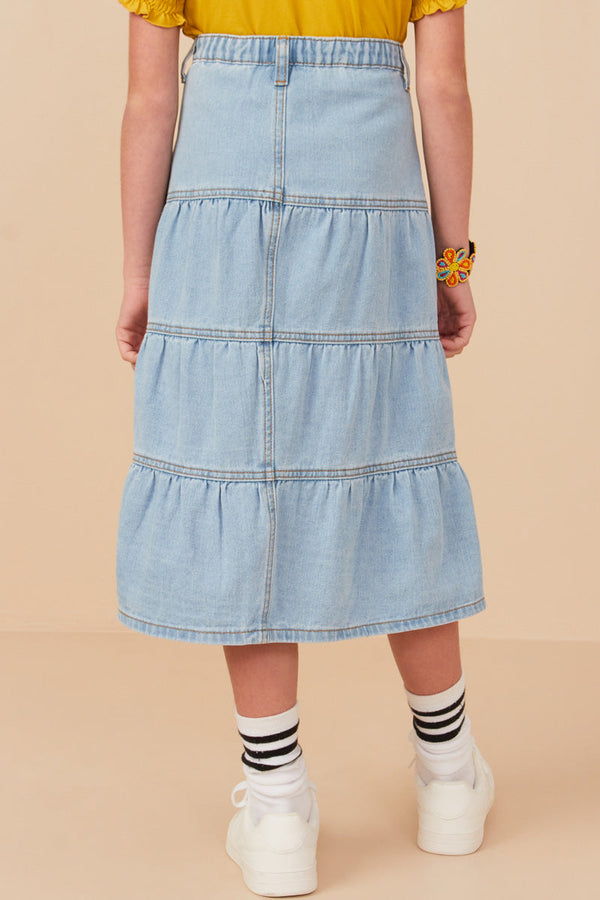 Girls Button Fly Tiered Denim Maxi Skirt