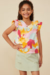 Girls Abstract Print Ruffle On Ruffle V Neck Tank