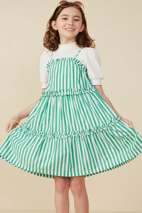 Girls Ruffle Trimmed Poplin Stripe Dress