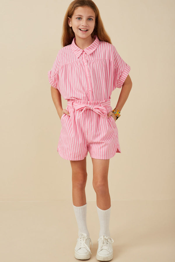 Girls Self Belted Stripe Shorts