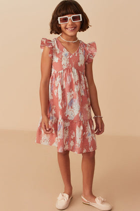 Girls Watercolor V Neck Tiered Ruffled Dress