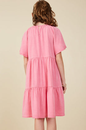 Girls Washed Tencel V Neck Tiered Dress