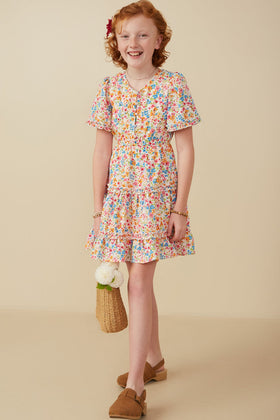 Girls Ditsy Floral Ruffle Tiered Button Dress