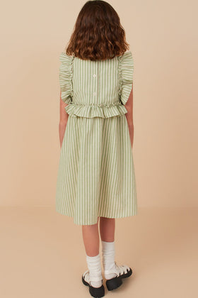 Girls Linen Like Striped Button Detail Ruffled Dress