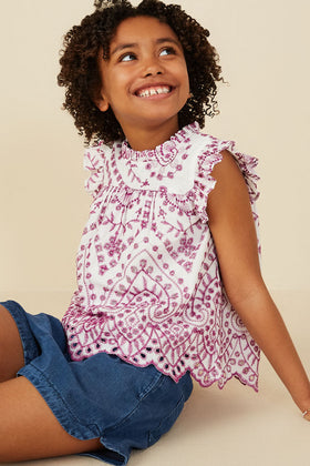 Girls Eyelet Embroidered Ruffle Detail Scallop Hem Top