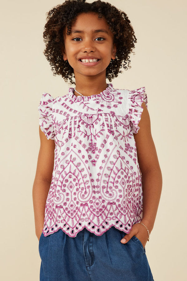 Girls Eyelet Embroidered Ruffle Detail Scallop Hem Top