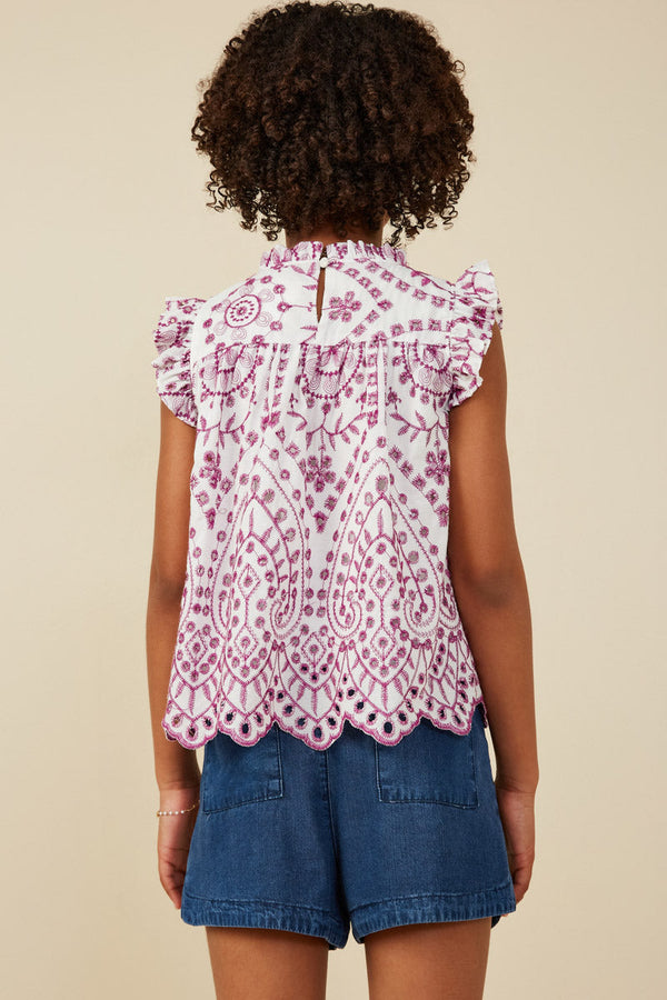 Girls Eyelet Embroidered Ruffle Detail Scallop Hem Top