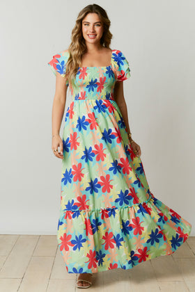 Multicolor Floral Print Smocked Maxi Dress