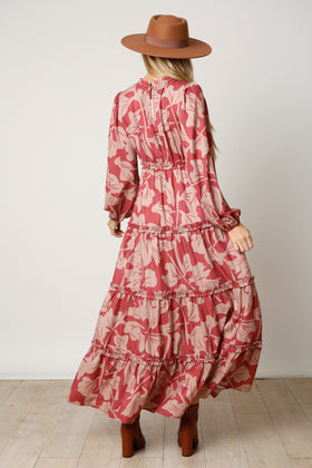 RUFFLE NECK LS PRINTED MAXI