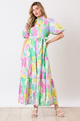 Floral Print Puff Sleeve Shirt Maxi Dress