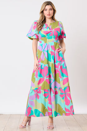 Poplin Floral Print Tiered Midi Dress