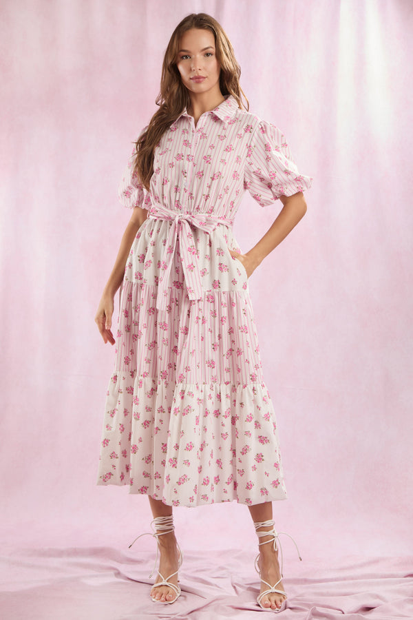 Mixed Stripe & Floral Bubble Hem Midi Dress
