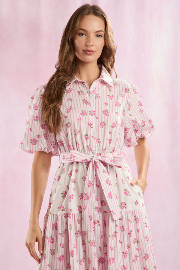 Mixed Stripe & Floral Bubble Hem Midi Dress