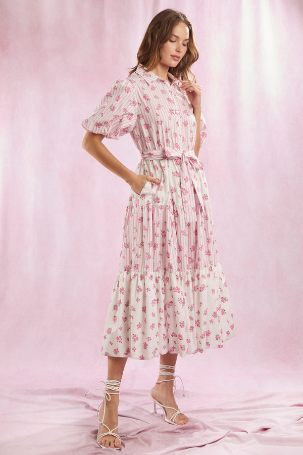 Mixed Stripe & Floral Bubble Hem Midi Dress