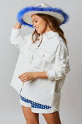 Oversized Button Down Jacket Back America Flag Rib Detail