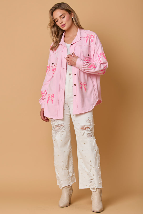 French Terry Shacket with Bow Sequins