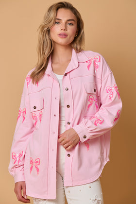 French Terry Shacket with Bow Sequins