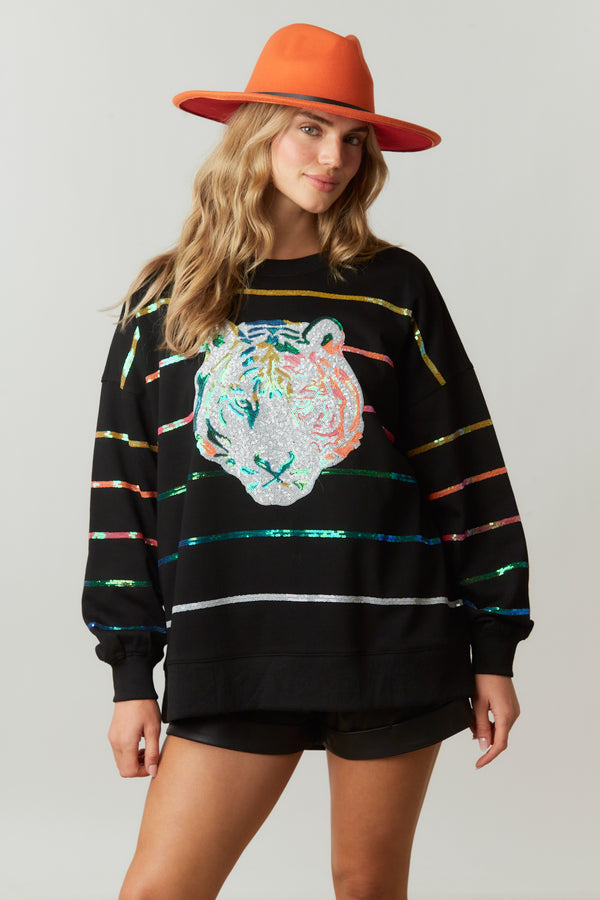 SEQUINCED MULTI COLOR STRIPED TOP LS W/SEQUIN TIGER HEAD