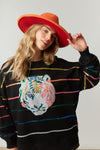 SEQUINCED MULTI COLOR STRIPED TOP LS W/SEQUIN TIGER HEAD