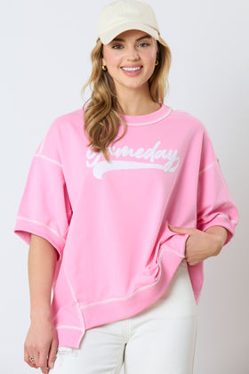 FRENCH TERRY SHORT SLEEVE OUT STEAM DETAILS TOP W/GAMEDAY