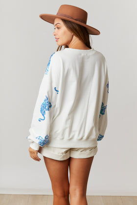 Tiger Sequins LS French Terry Crew Neck Loose Fit Pullover