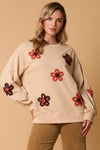 LONG SLEEVE SWEATSHIRT W/FLOWER EMBELLISHMENT
