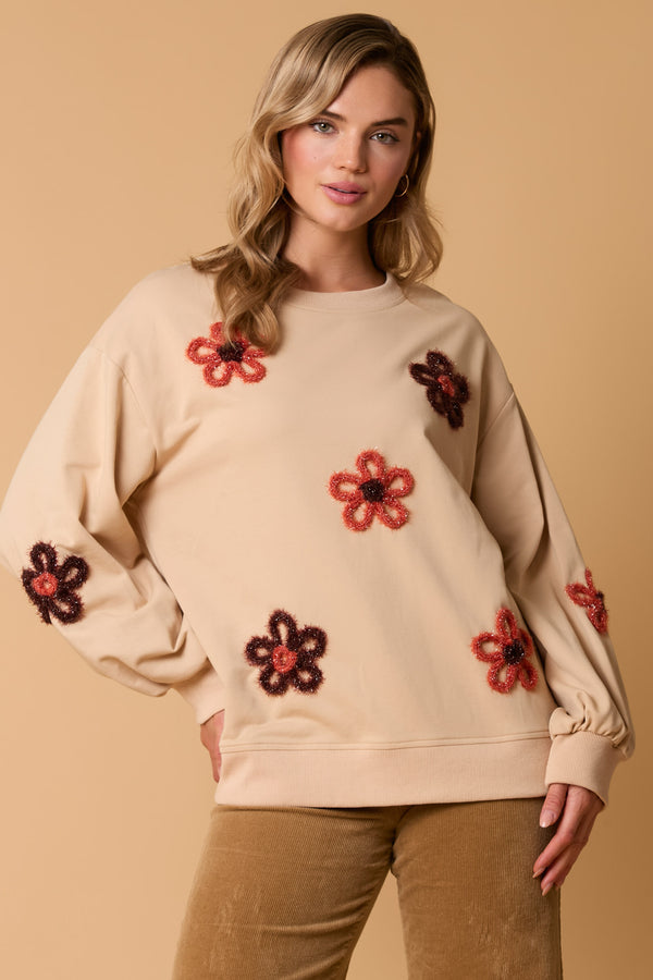 LONG SLEEVE SWEATSHIRT W/FLOWER EMBELLISHMENT