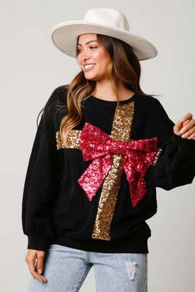 Holiday Sequin Ribbon Knit Sweatshirt