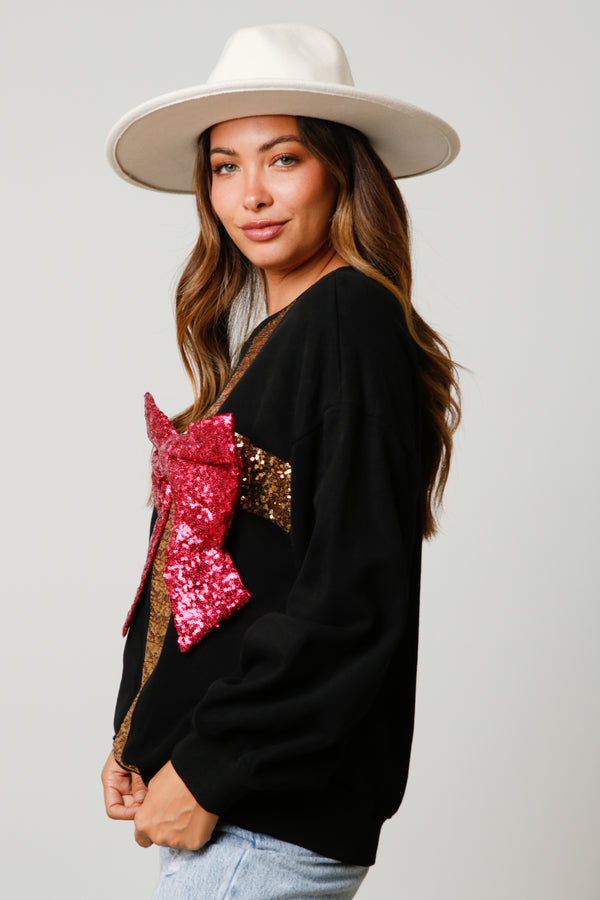 Holiday Sequin Ribbon Knit Sweatshirt