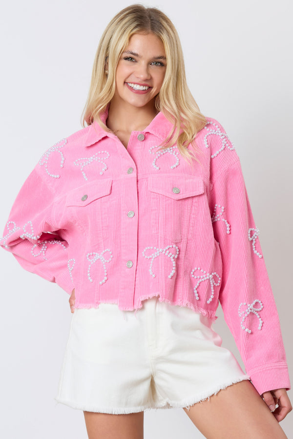 Corduroy Pearl Bow Embellished Cropped Jacket