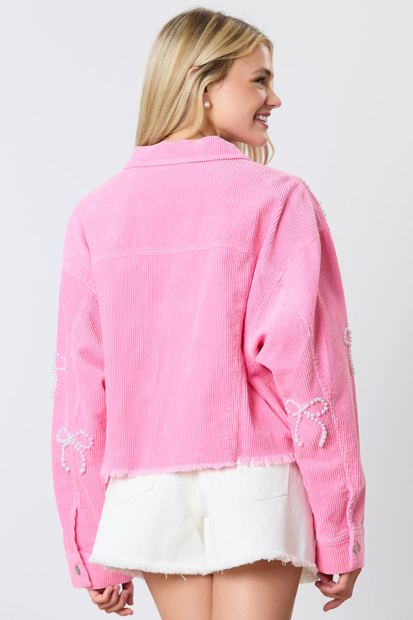 Corduroy Pearl Bow Embellished Cropped Jacket